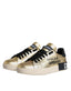 Goldene Low-Top Sneaker aus Kalbsleder mit schwarzen Schnürsenkeln und Markenlogo. Dolce & Gabbana Gold Portofino Calf Leather Sneakers Shoes mit elegantem Design und hochwertiger Verarbeitung. Dolce & Gabbana, DAMEN,EXKLUSIVE MARKEN,DOLCE & GABBANA,Welcome 10,SNEAKER