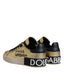 Goldene Dolce & Gabbana Portofino Sneakers aus Kalbsleder mit schwarzen Details und Logo-Prägung auf der Sohle. Exklusive Handwerkskunst für luxuriösen Stil. Dolce & Gabbana Gold Portofino Calf Leather Sneakers Shoes. Dolce & Gabbana, DAMEN,EXKLUSIVE MARKEN,DOLCE & GABBANA,Welcome 10,SNEAKER